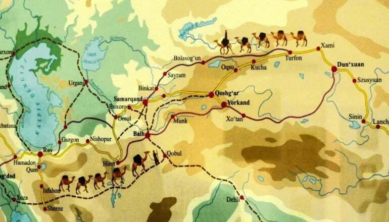Карта великого шелкового пути проходящего через территорию современного Кыргызстана