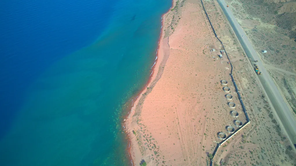 Stunning view of the southern shore of Issyk-Kul from a drone