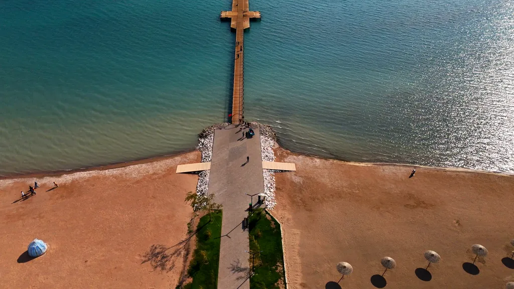 Beautiful pier on Lake Issyk-Kul in the city of Balykchy