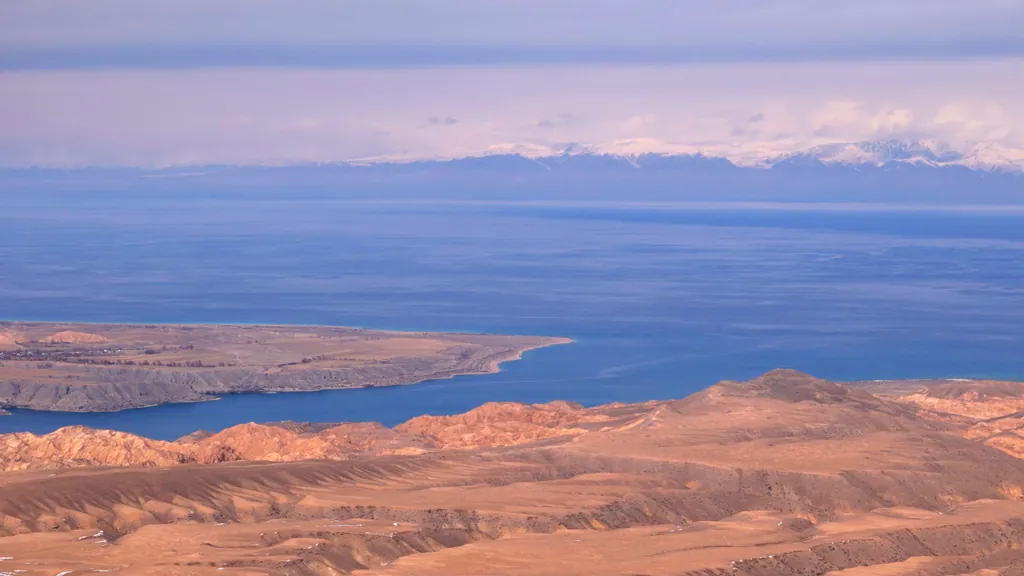Panoramic view of Lake Issyk-Kul from a bird's eye view
