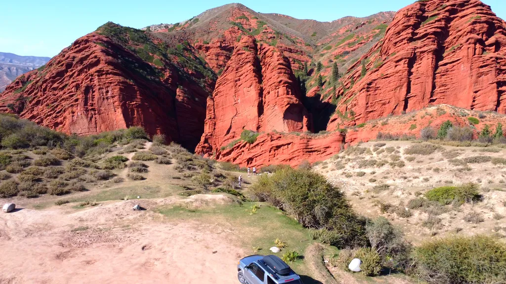 Red mountains and rocks in the Jeti-Oguz canyons