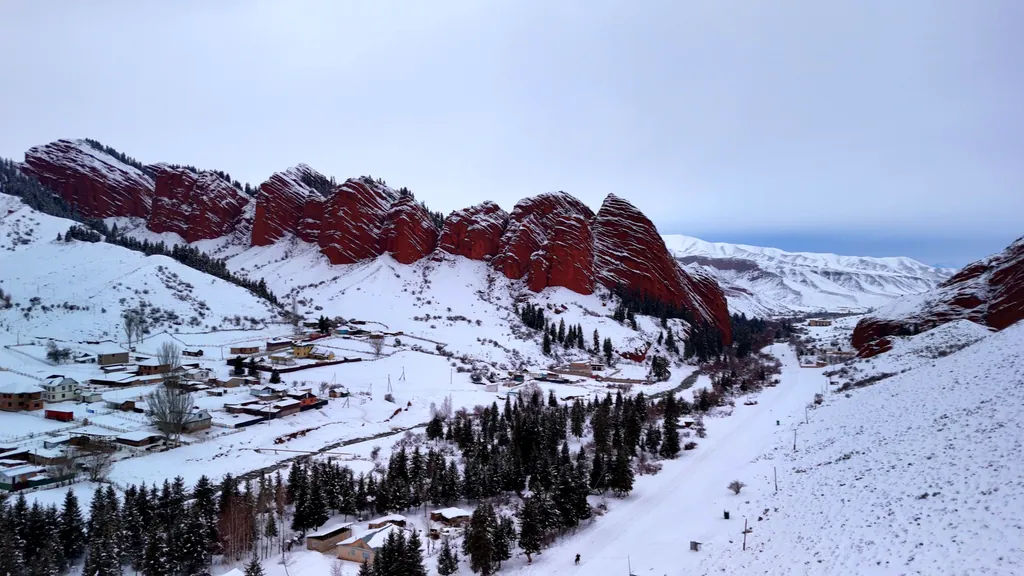Jeti-Oguz in winter, view of snow-capped mountains