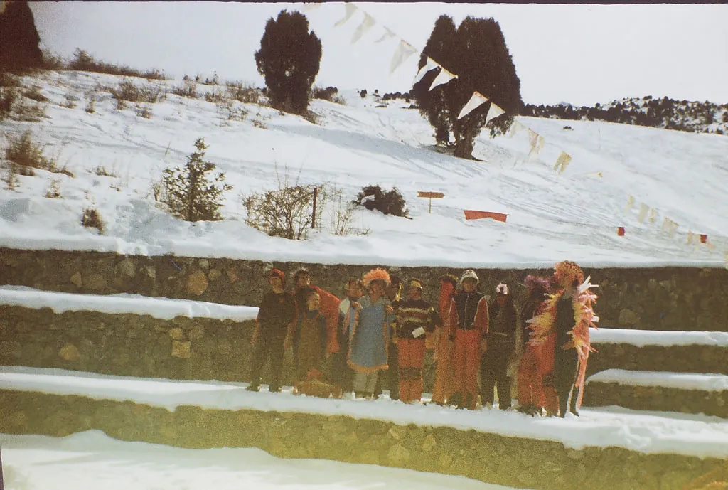 Group photo of tourists at the Kashka-Suu ski base in Kyrgyzstan during the Soviet period