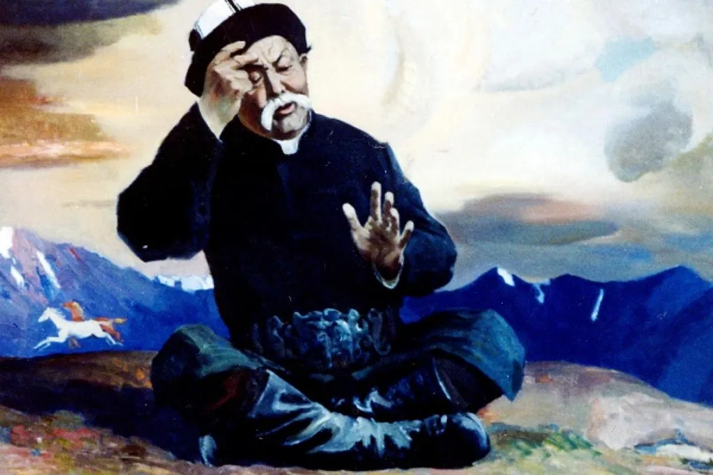 Artistic depiction of Sayakbay Karalaev - manaschi storyteller