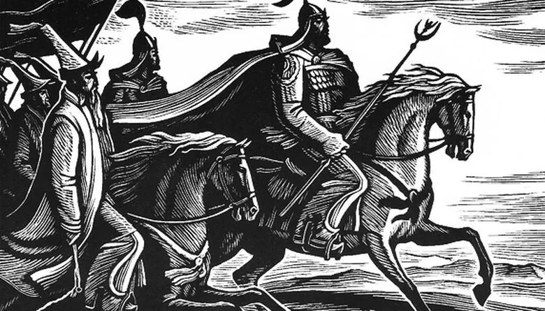Depiction of Manas leading the army on horseback